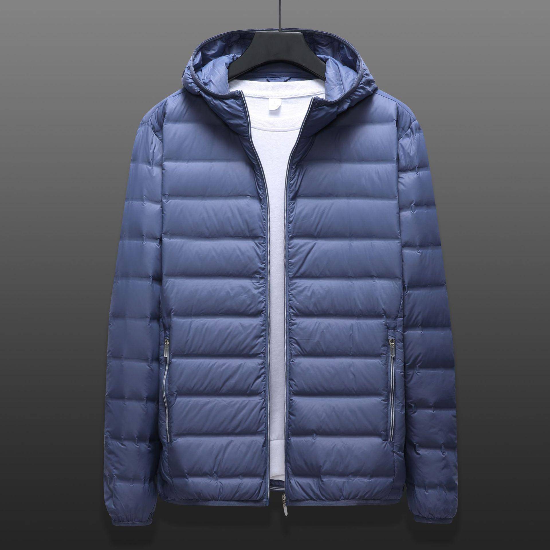 Herren Daunenjacke mit Kapuze, leicht, Frühlings-Puffermantel, leichte Herbst-Oberbekleidung mit weißer Entenkapuze XXXXL blau von Joom DACH