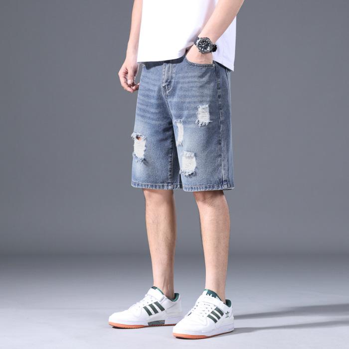 Herren Denim Shorts Sommer Dünn Locker Fünf-Punkt Mittelhosen Zerrissen 5-Punkt Kniebundhosen 38 blau von Joom DACH