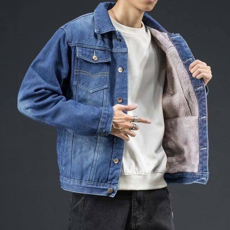 Herren Denimjacke im koreanischen Stil - Trendig, verdickt, warmer Herbst-/Wintermantel mit Samtfutter M von Joom DACH