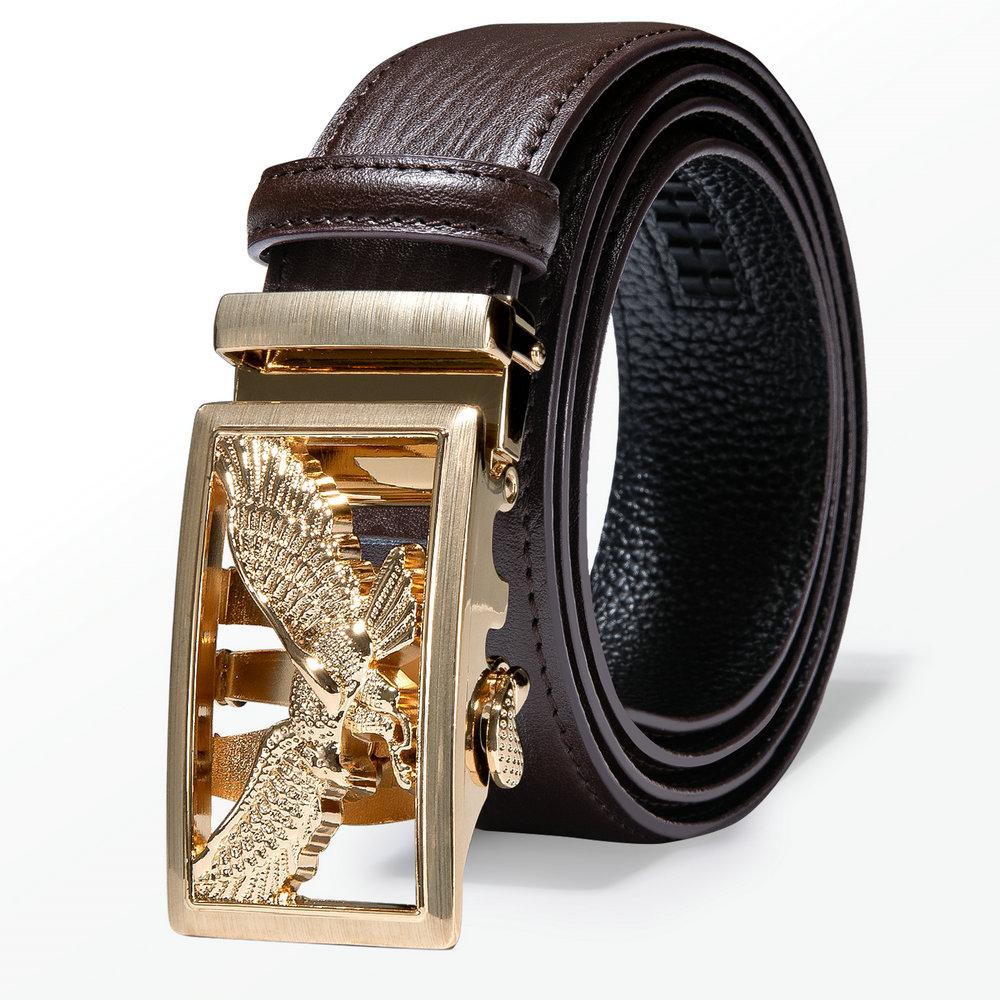 Herren-Designer-Gürtel, echter Ledergürtel, goldfarbene Flying Eagle-Gürtelschnalle mit mehrfarbigen Ratschenriemen 130cm/51in kaffeebraun von Joom DACH