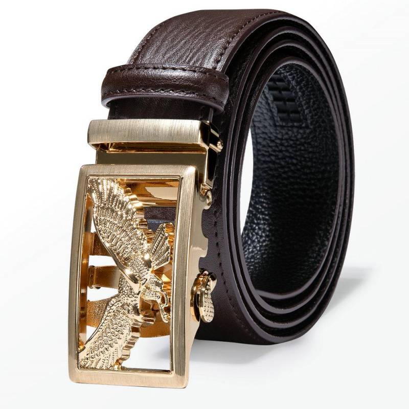Herren-Designer-Gürtel, echter Ledergürtel, goldfarbene Flying Eagle-Gürtelschnalle mit mehrfarbigen Ratschenriemen 130cm/51in kaffeebraun von Joom DACH