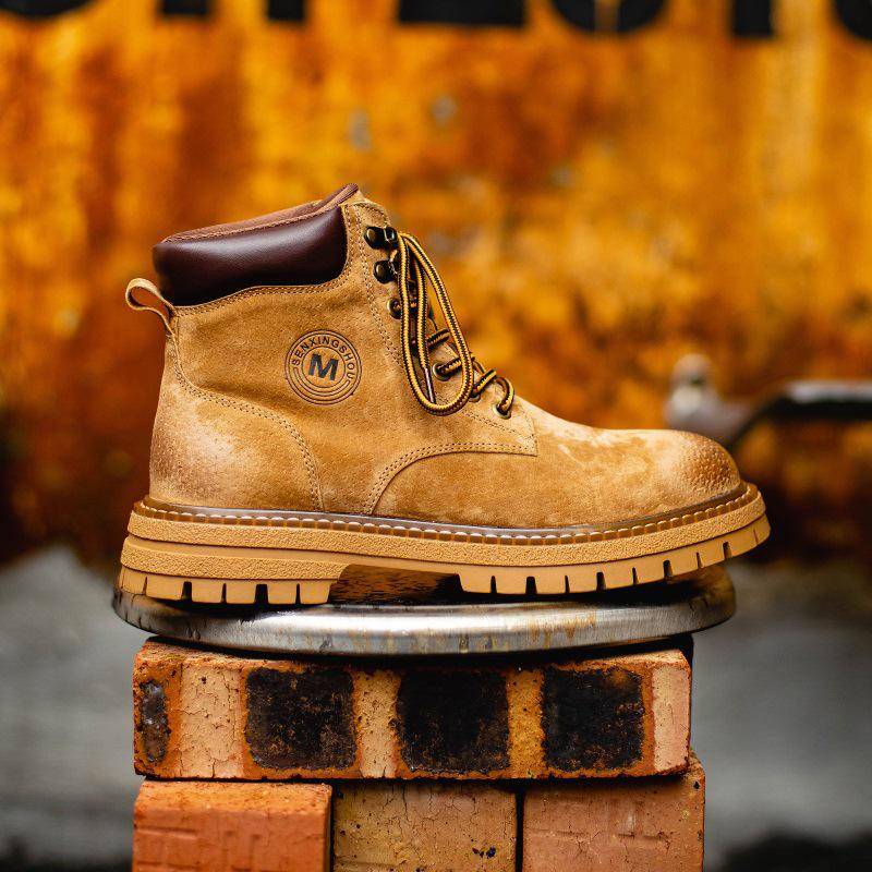 Herren Echtleder High-Top Martin Stiefel, Britischer Stil, Retro Herbst Arbeitskleidung, Outdoor Wandern, Gelb. 39 von Joom DACH