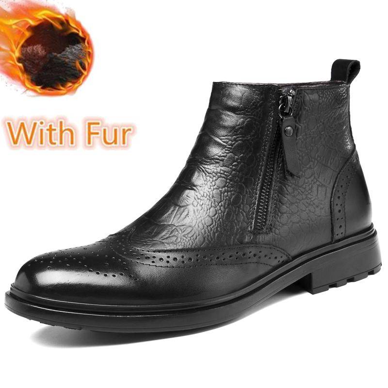 Herren Echtleder Stiefeletten Klassischer Seitenreißverschluss Winterschuhe Mode Britischer Stil Brogues Warme Plüschfell Winterstiefel 43 von Joom DACH