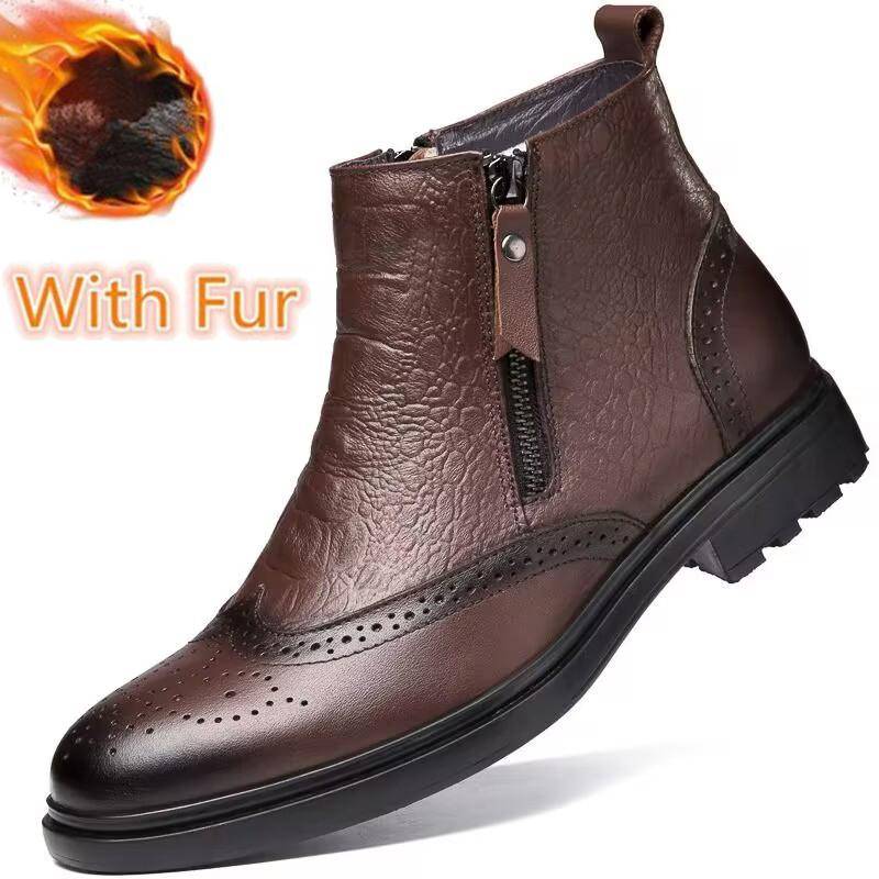Herren Echtleder Stiefeletten Klassischer Seitenreißverschluss Winterschuhe Mode Britischer Stil Brogues Warme Plüschfell Winterstiefel 47 von Joom DACH