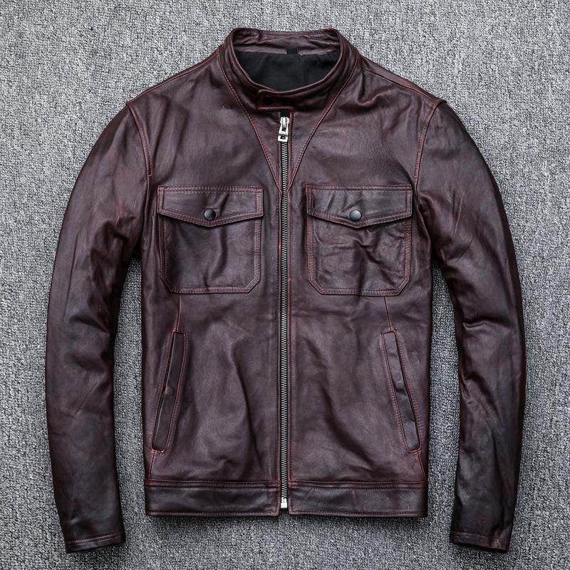 Herren Echtlederjacke Burgunderrot Erste Schicht Schafsleder Stehkragen Motorrad Lederjacke 5XL von Joom DACH