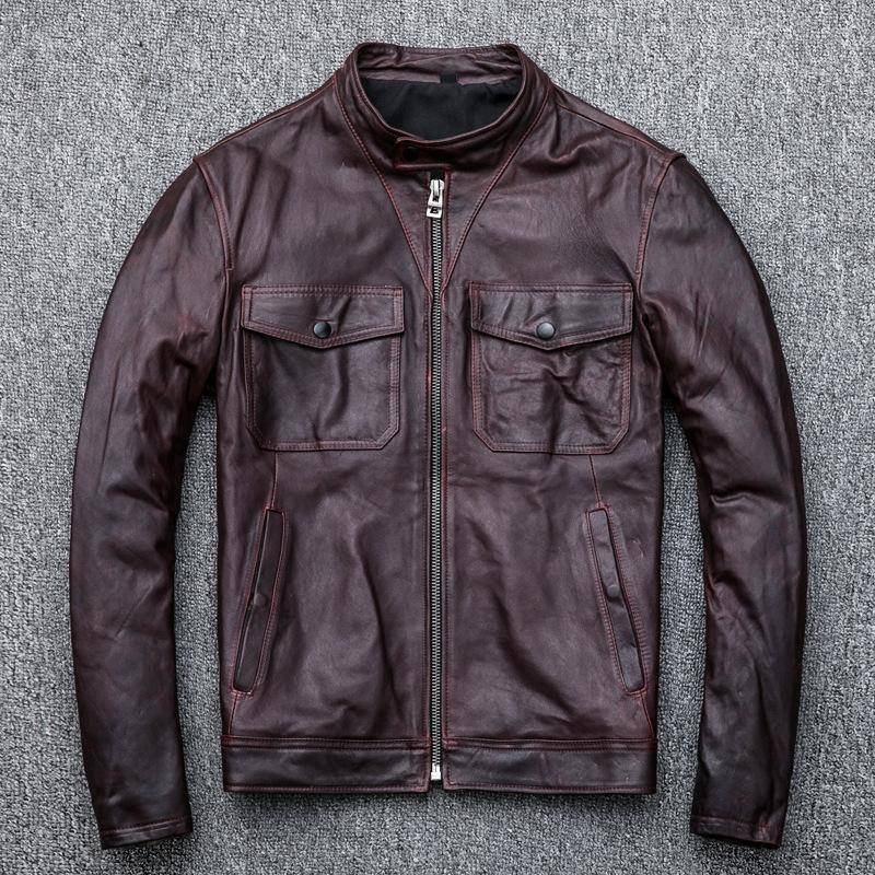 Herren Echtlederjacke Burgunderrot Erste Schicht Schafsleder Stehkragen Motorrad Lederjacke 5XL von Joom DACH