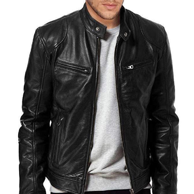 Herren Echtlederjacke mit Reißverschlussdetails, Stehkragen, mehreren Taschen, Slim Fit, Schwarz und Braun L schwarz von Joom DACH