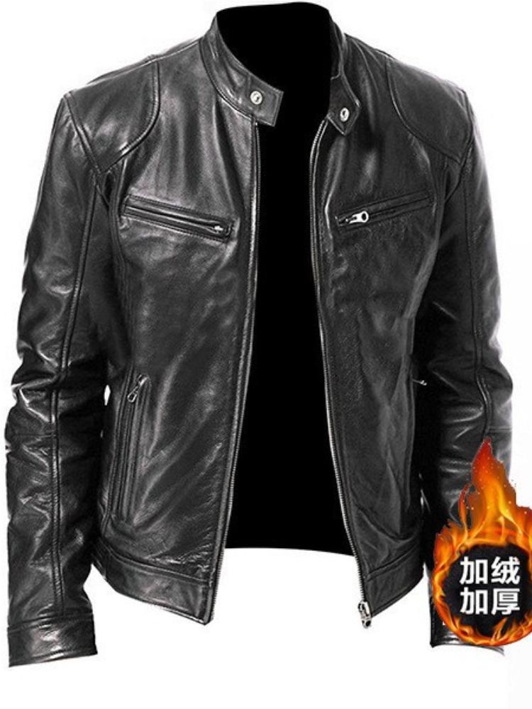 Herren Echtlederjacke mit Reißverschlussdetails, Stehkragen, mehreren Taschen, Slim Fit, Schwarz und Braun XXL von Joom DACH