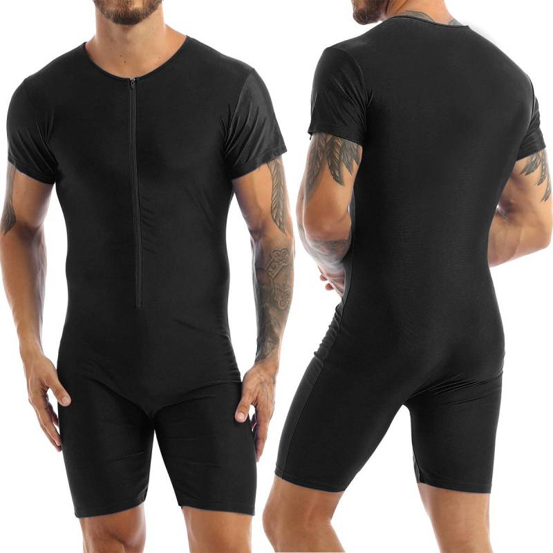 Herren Einteiler, kurzärmelig, mit Reißverschluss vorne, Boxershorts, Trikot, Body, Catsuit 2XL schwarz von Joom DACH