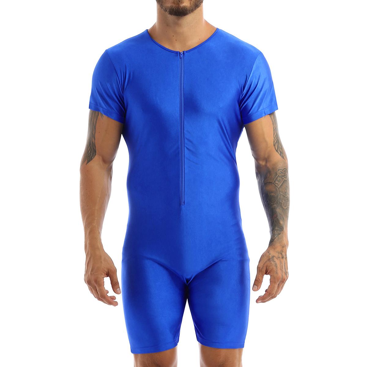 Herren Einteiler, kurzärmelig, mit Reißverschluss vorne, Boxershorts, Trikot, Body, Catsuit M blau von Joom DACH