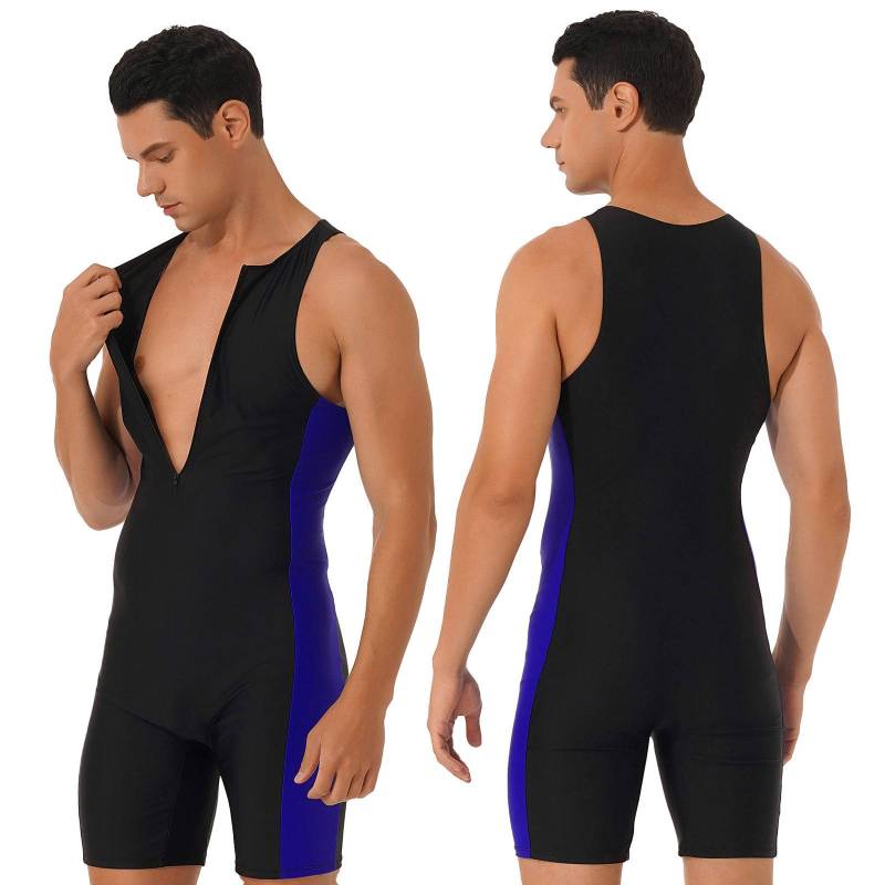 Herren Einteiler Bademode Ärmellos Frontreißverschluss Shorts Bodysuit Triathlon Neoprenanzug für Strand Pool Schwimmen Baden L schwarz/blau von Joom DACH