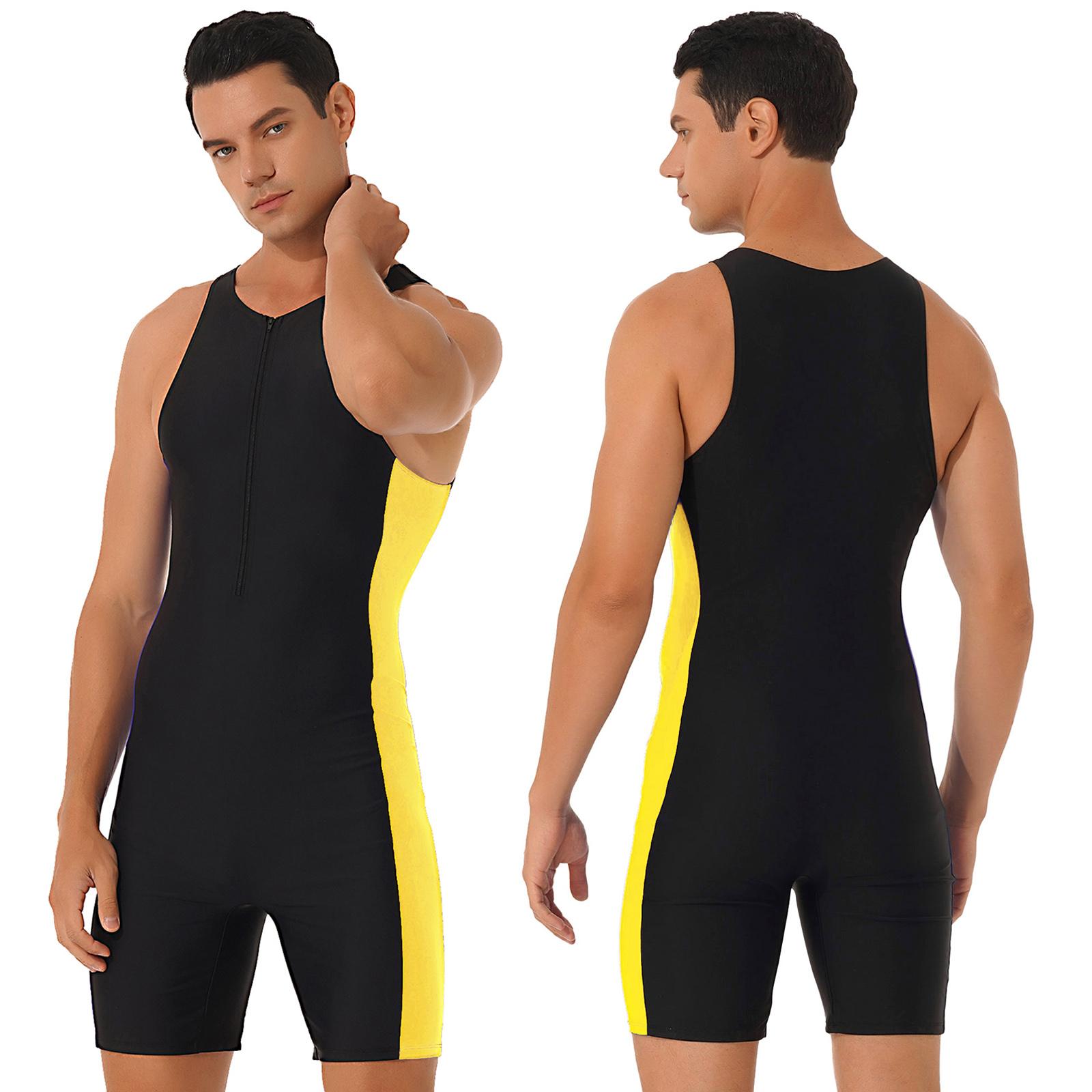 Herren Einteiler Bademode Ärmellos Frontreißverschluss Shorts Bodysuit Triathlon Neoprenanzug für Strand Pool Schwimmen Baden XXL schwarz/gelb von Joom DACH