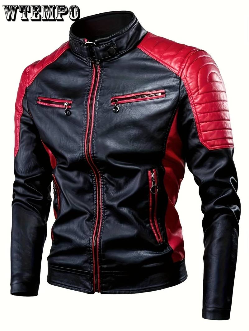 Herren Farbblock PU Lederjacke mit mehreren Reißverschlusstaschen, lässige atmungsaktive Stehkragen Reißverschluss Langarmjacke - PU-Leder XXXXXL von Joom DACH