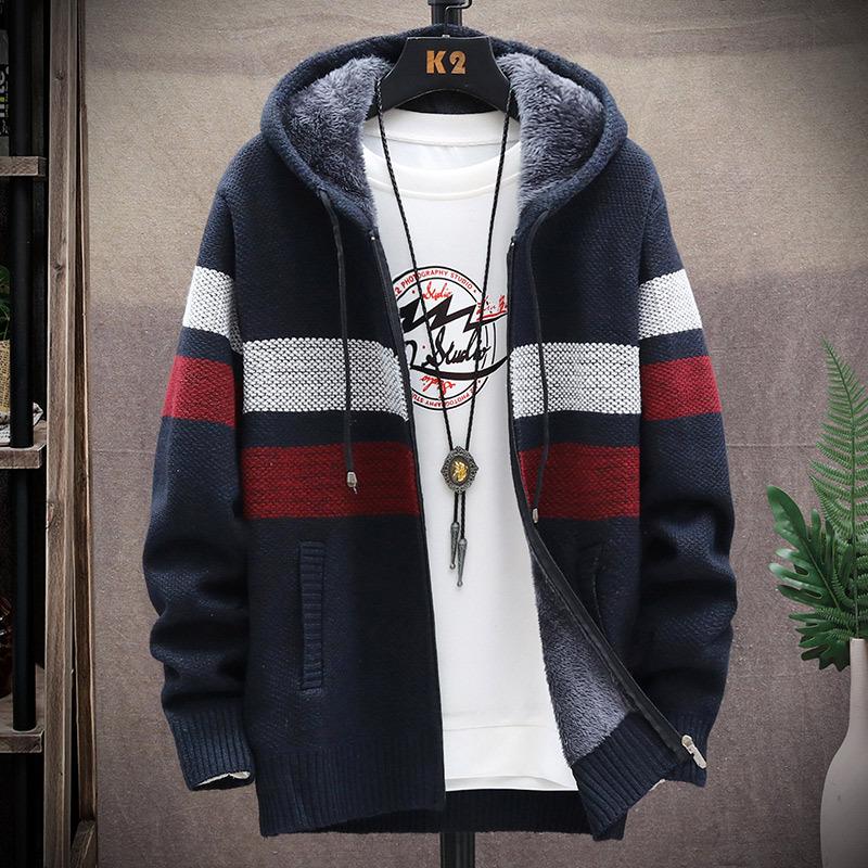 Herren-Fleece-Pullover-Cardigan, große Größe, kontrastfarbene Jacke, schmale, trendige Kapuzenjacke für Jugendliche XXXXL navy blau von Joom DACH