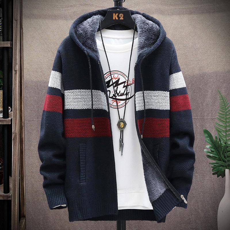 Herren-Fleece-Pullover-Cardigan, große Größe, kontrastfarbene Jacke, schmale, trendige Kapuzenjacke für Jugendliche XXXXL navy blau von Joom DACH