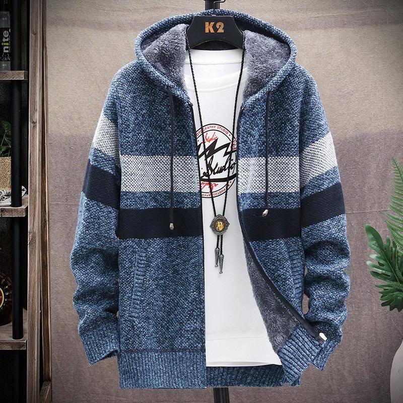 Herren-Fleece-Pullover-Cardigan, große Größe, kontrastfarbene Jacke, schmale, trendige Kapuzenjacke für Jugendliche XXXXL blau von Joom DACH