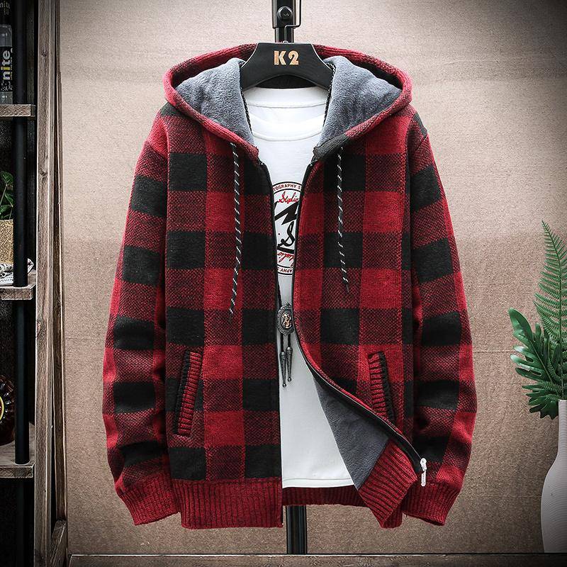Herren Fleece Warm Cardigan Plaid Pullover Kapuze Winterkleidung Harajuku Mantel Full Zip Cardigans Jacke Mode Strickpullover 2XL  72-80kg von Joom DACH