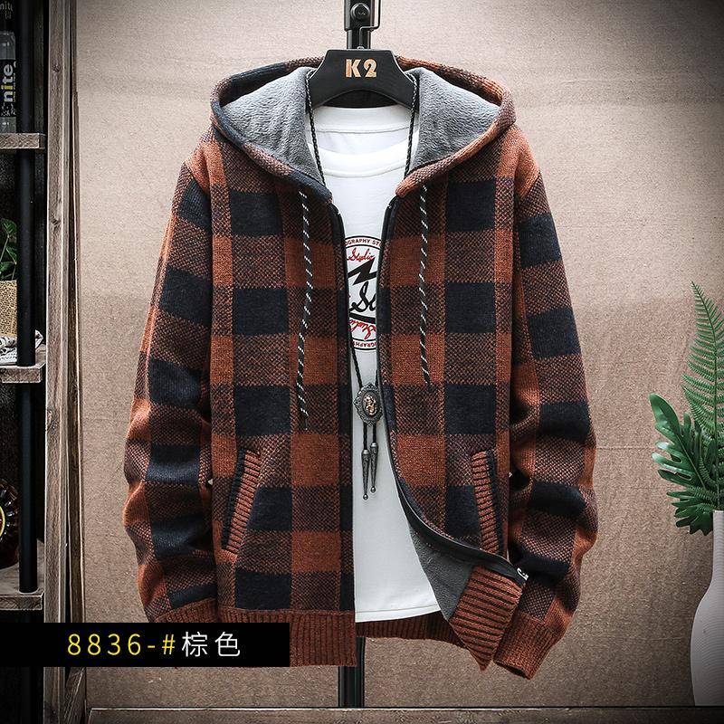 Herren Fleece Warm Cardigan Plaid Pullover Kapuze Winterkleidung Harajuku Mantel Full Zip Cardigans Jacke Mode Strickpullover 3XL  80-90kg von Joom DACH