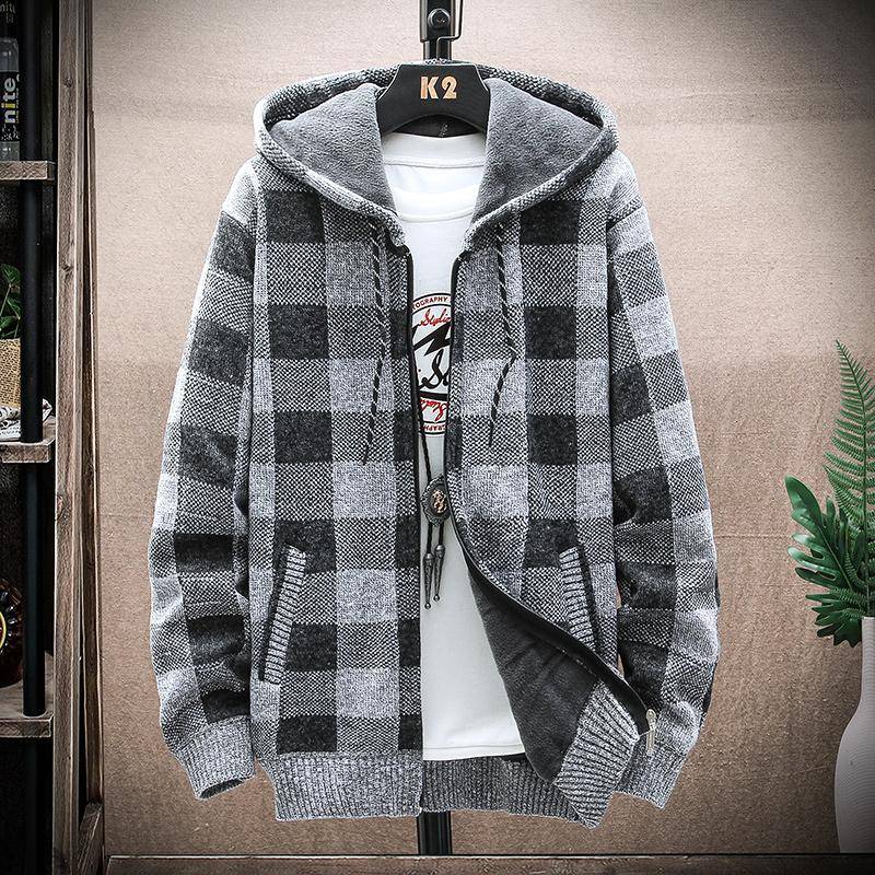 Herren Fleece Warm Cardigan Plaid Pullover Kapuze Winterkleidung Harajuku Mantel Full Zip Cardigans Jacke Mode Strickpullover 3XL  80-90kg von Joom DACH