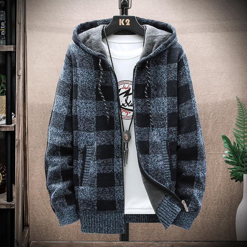 Herren Fleece Warm Cardigan Plaid Pullover Kapuze Winterkleidung Harajuku Mantel Full Zip Cardigans Jacke Mode Strickpullover L  55-65kg von Joom DACH