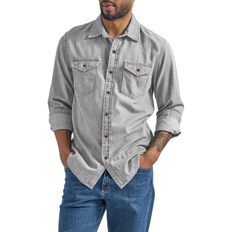 Herren Freizeit Denim Hemd Langarm Button Down Vintage Gewaschen Cowboyhemden Outdoor Arbeitskleidung Tops L graue von Joom DACH