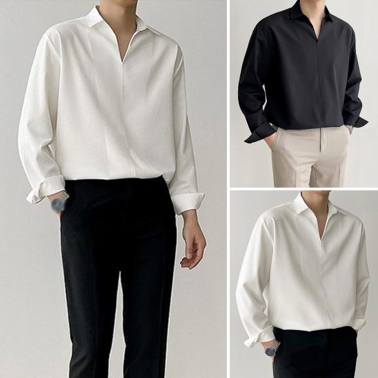 Herren Frühling Herbst Hemd V-Ausschnitt Revers Formales Bürohemd Seidig Locker Gerade Pullover Top Business Dating Party Hemd XL schwarz von Joom DACH