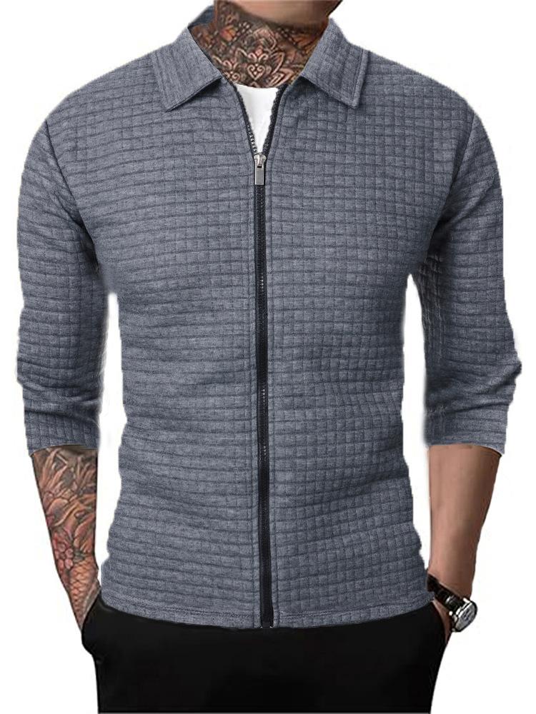Herren Frühling Herbst Turn Down Farbmantel Einfarbige Oberbekleidung Karierte Reißverschlussjacke Lässiges Langarm-Polo-Waffelhemd L dunkelgraue von Joom DACH