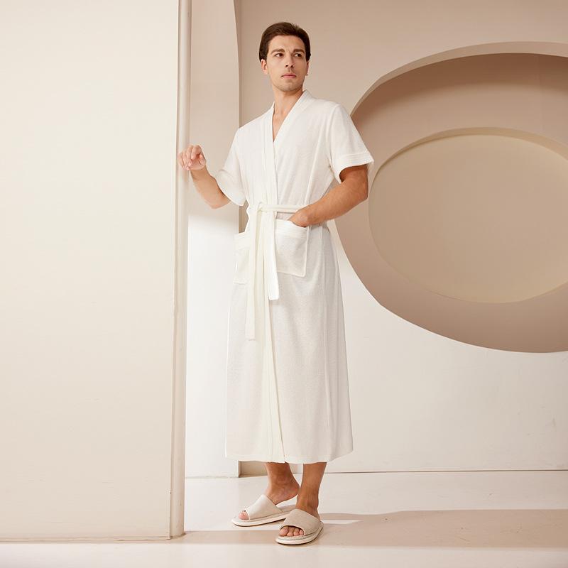 Herren Frühling Sommer Lang Weicher Frottee Bademantel Paar Kurze Ärmel Robe mit Taschen V-Ausschnitt zum Schnüren Nachtwäsche M weiß von Joom DACH