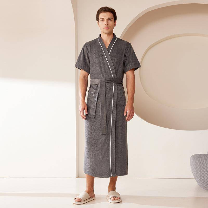 Herren Frühling Sommer Lang Weicher Frottee Bademantel Paar Kurze Ärmel Robe mit Taschen V-Ausschnitt zum Schnüren Nachtwäsche XXXL von Joom DACH