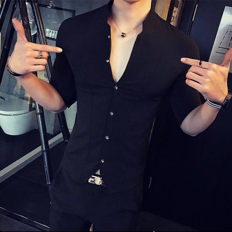 Herren-Frühlings- und Herbst-Langarmhemd, Sieben-Punkt-Ärmel, schmales Hemd, Herren-Business-Hemd S schwarz von Joom DACH