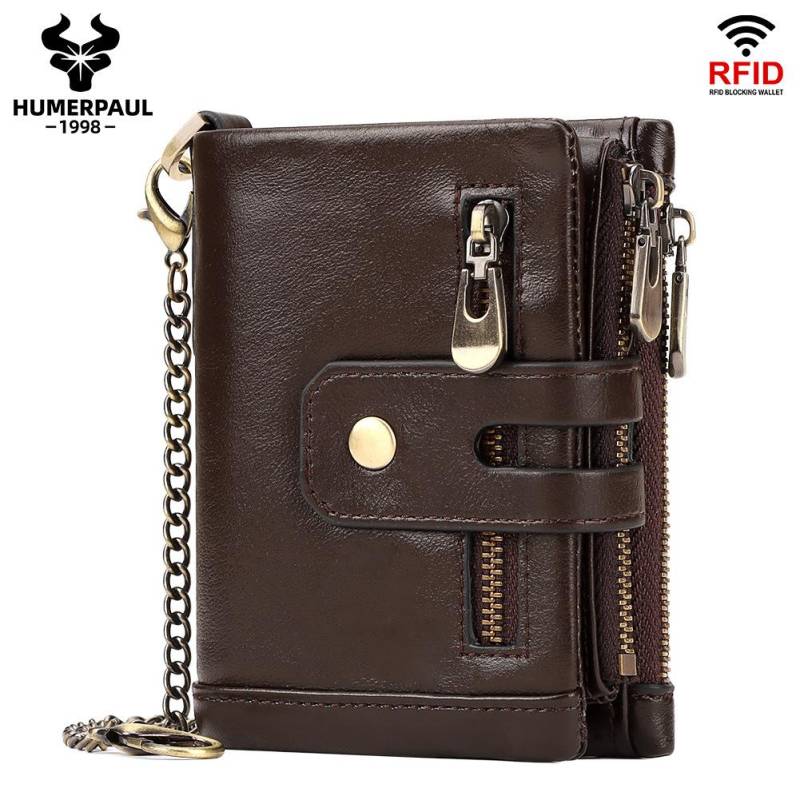 Herren-Geldbörse, kurz, echtes Leder, RFID-Diebstahlschutz, dreifach faltbar, mit Bürste braun von Joom DACH