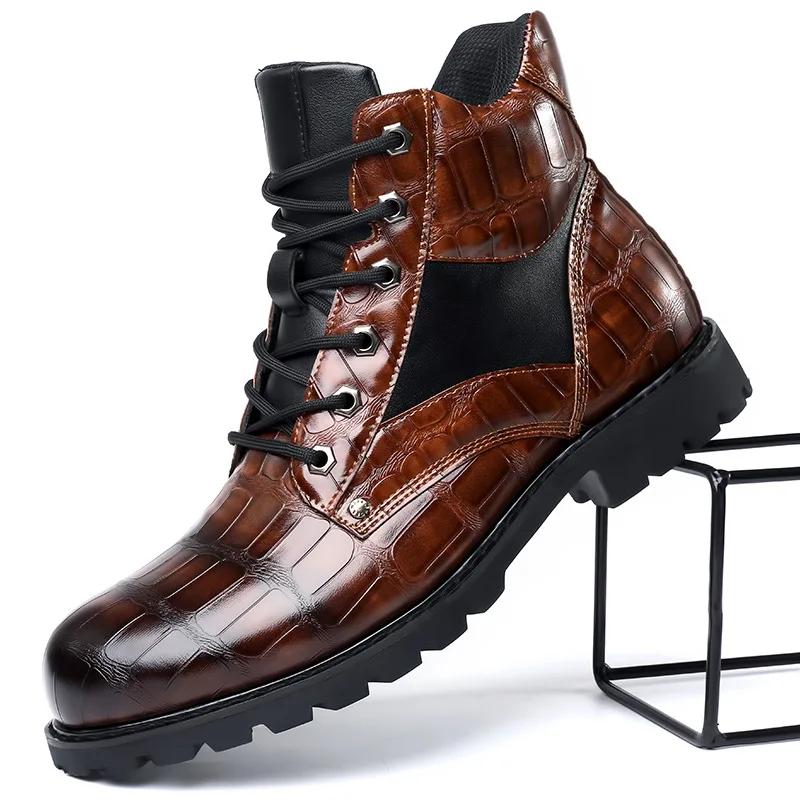Herren Glänzende Mid-Cut-Stiefel Trendy Schnürschuh aus Krokodilleder Herrenschuh Dickbesohlte Rutschfeste Motorradstiefeletten Große Größe 38-46 40 von Joom DACH