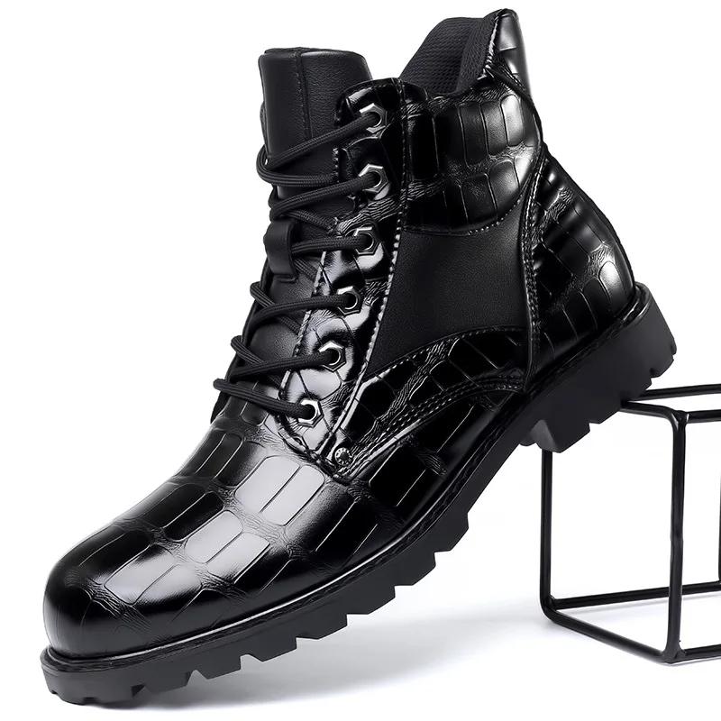 Herren Glänzende Mid-Cut-Stiefel Trendy Schnürschuh aus Krokodilleder Herrenschuh Dickbesohlte Rutschfeste Motorradstiefeletten Große Größe 38-46 45 von Joom DACH