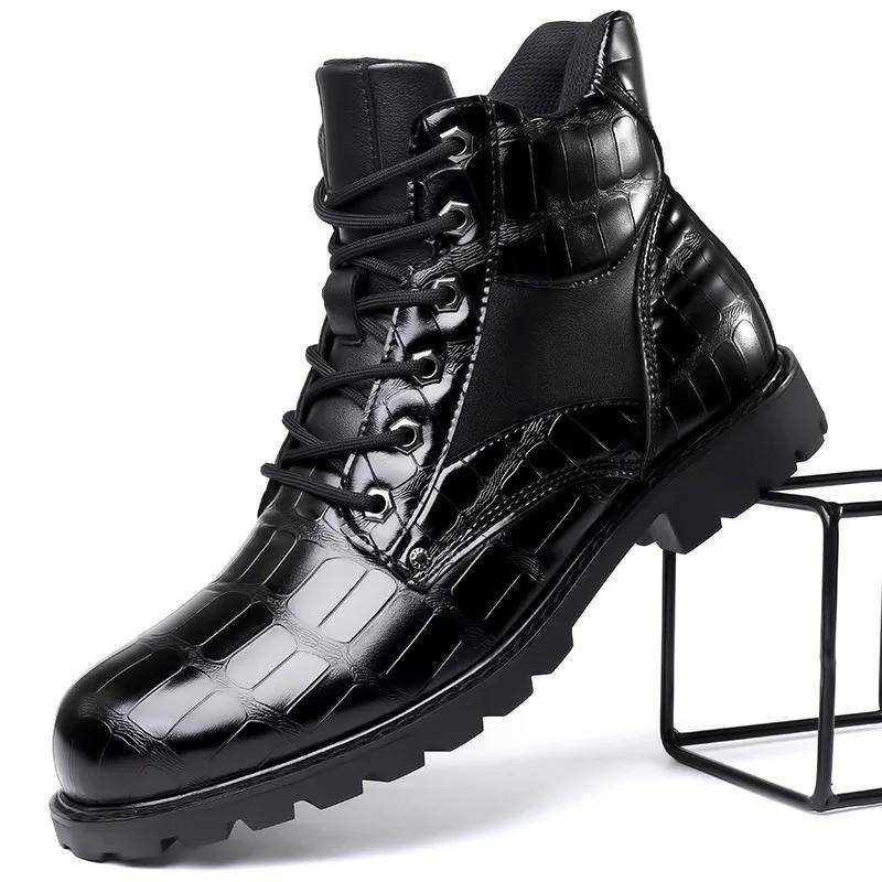 Herren Glänzende Mid-Cut-Stiefel Trendy Schnürschuh aus Krokodilleder Herrenschuh Dickbesohlte Rutschfeste Motorradstiefeletten Große Größe 38-46 45 von Joom DACH