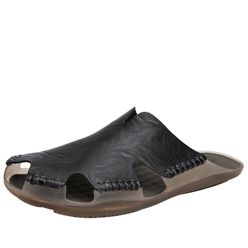 Herren Hausschuhe Sommer Handgefertigt Baotou Halbschuhe Herren Echtes Leder Römische Sandalen Ohne Absatz Slipper Lässige Flache Pantoletten 44 schwarz von Joom DACH