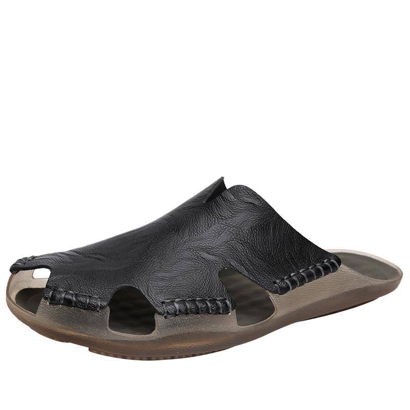 Herren Hausschuhe Sommer Handgefertigt Baotou Halbschuhe Herren Echtes Leder Römische Sandalen Ohne Absatz Slipper Lässige Flache Pantoletten 44 schwarz von Joom DACH