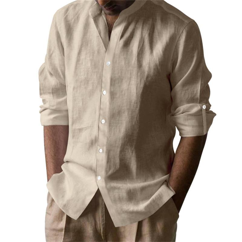 Herren Hawaiianisch Baumwolle Leinen Stehkragen Atmungsaktiv H Enry Kragen Casual Langarm Hemd XXL khaki von Joom DACH