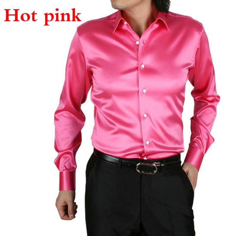 Herren-Hemd, Kunstseide, Satin, Bluse, langärmelig, Hemden, Knopfleiste, Business, formell, glänzend, elegant M heißes rosa von Joom DACH