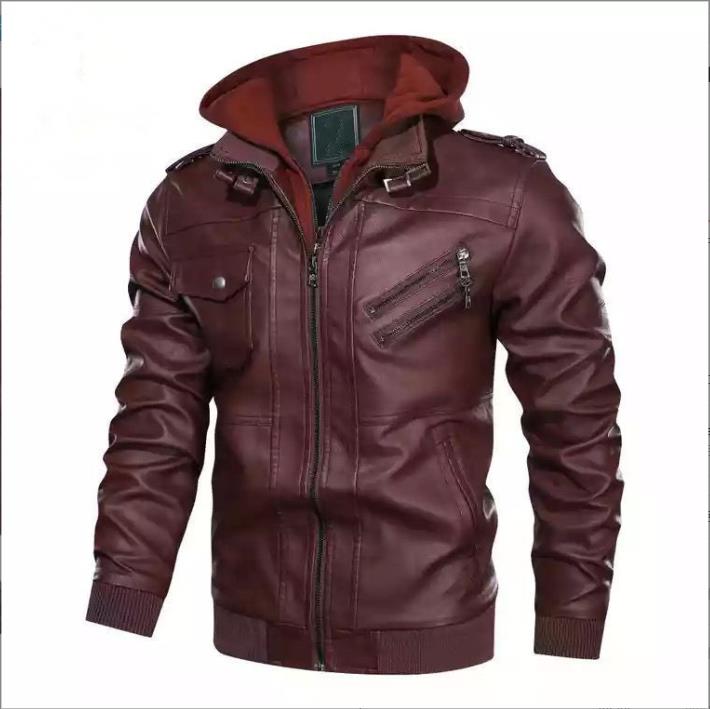 Herren Herbst/Winter Double-Decker Trend Lokomotive Casual Lederjacke Kapuzenmantel Große Größe 3XL dunkelrote von Joom DACH