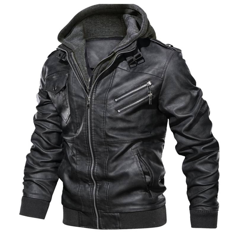 Herren Herbst/Winter Double-Decker Trend Lokomotive Casual Lederjacke Kapuzenmantel Große Größe L schwarz von Joom DACH