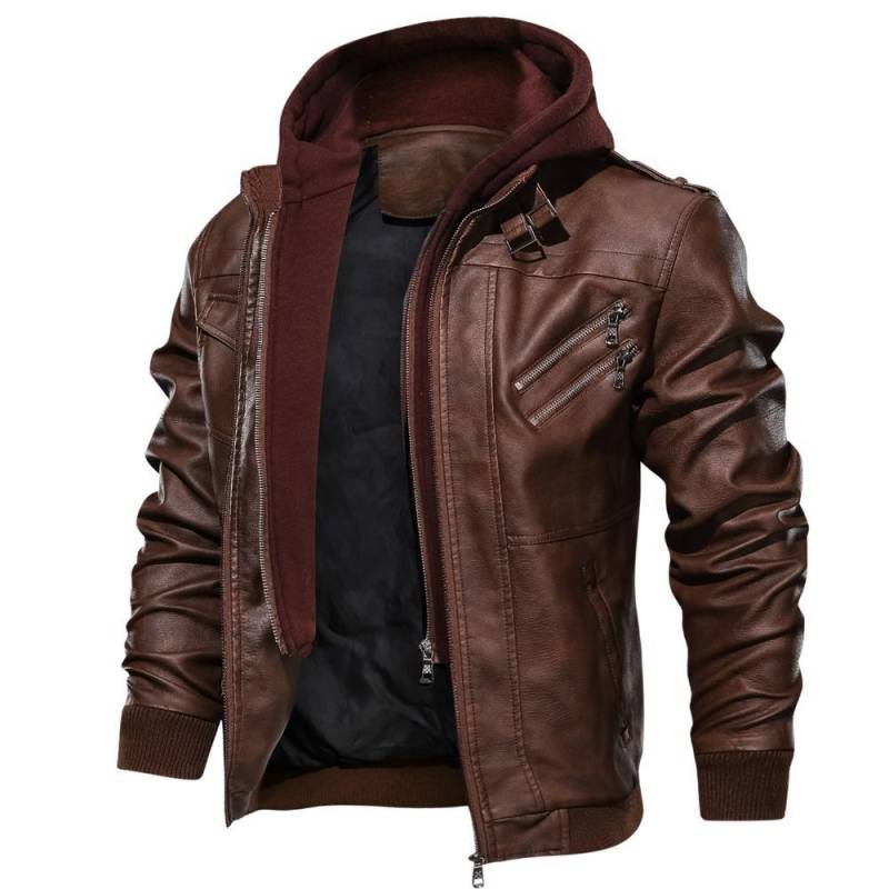 Herren Herbst/Winter Double-Decker Trend Lokomotive Casual Lederjacke Kapuzenmantel Große Größe XXXL kaffeebraun von Joom DACH