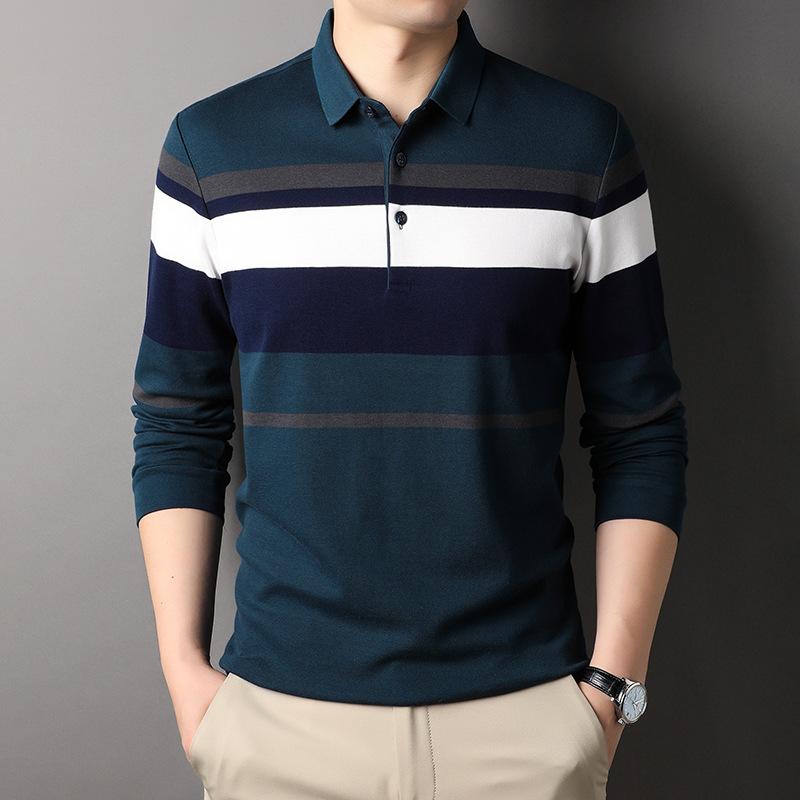 Herren Herbst Neue Baumwolle Langarm T-shirt Männer Gestreiften Lose Revers Top Mittleren Alters Männer Polo Shirt Lange ärmeln 3XL von Joom DACH