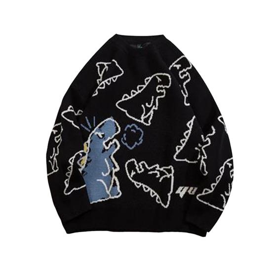 Herren Herbst Winter Pullover Cartoon Dinosaurier Druck O-Ausschnitt Locker Lange Ärmel Gestrickt Hip Hop Stil Mittellanger Pullover für Alltagskleidung Arbeit Schule Straße XL schwarz von Joom DACH