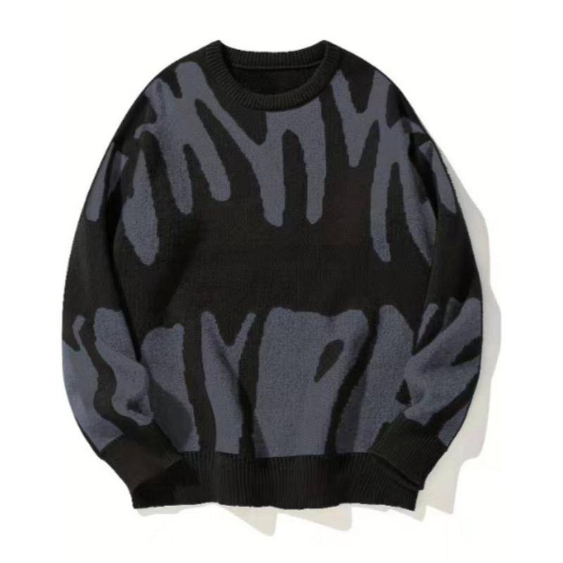 Herren Herbst Winter Pullover mit unregelmäßigem Jacquardmuster, lässiger Rundhalsausschnitt, Strickpullover für Herren in Kontrastfarben M schwarz von Joom DACH