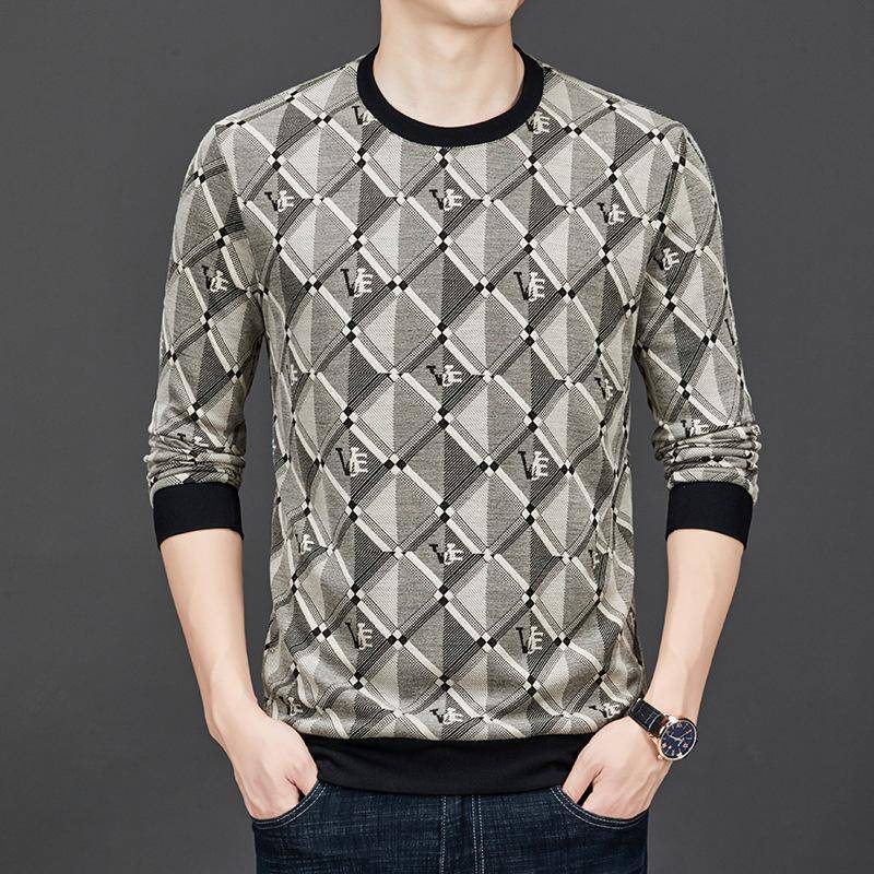 Herren Herbst und Winter Jacquard Digitaldruck Neues Rundhals Langarm T-Shirt Sweatshirt Herren Tops Bottoming Shirt 4XL von Joom DACH
