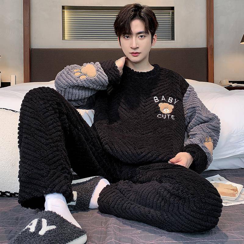 Herren Herbst- & Winter-Korallfleece-Pyjama, Dickes Plüsch-Warmes Flanell-Loungewear, Anzug in großer Größe 3XL (160-180 lbs) von Joom DACH