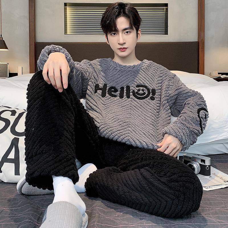 Herren Herbst- & Winter-Korallfleece-Pyjama, Dickes Plüsch-Warmes Flanell-Loungewear, Anzug in großer Größe 3XL (160-180 lbs) von Joom DACH