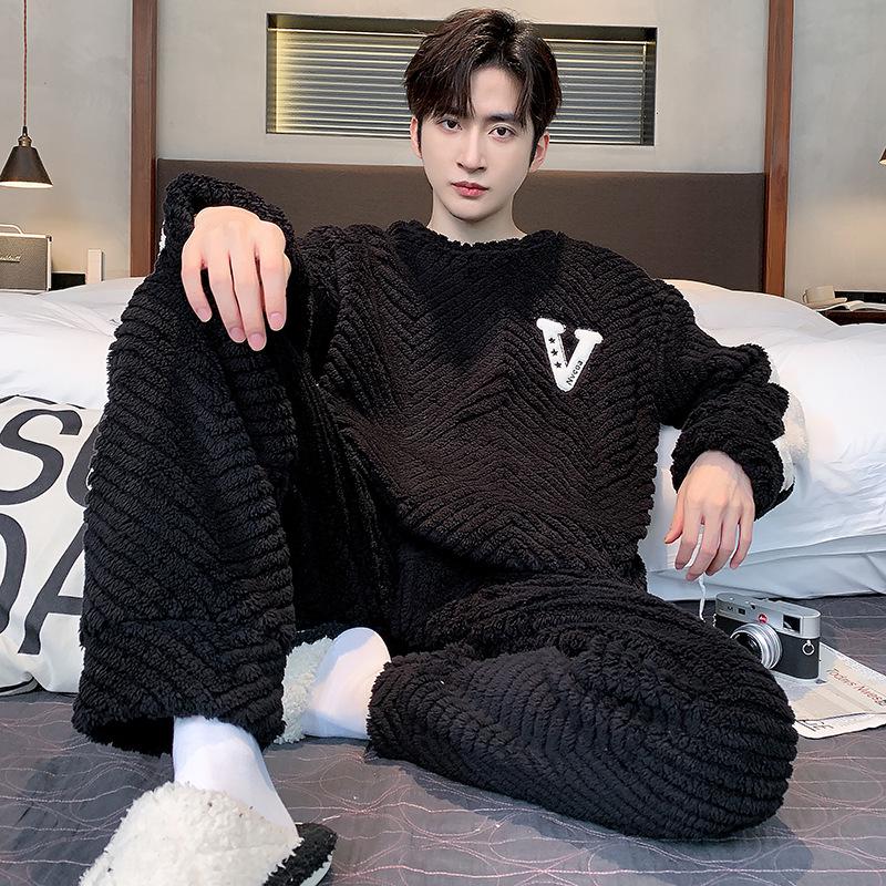 Herren Herbst- & Winter-Korallfleece-Pyjama, Dickes Plüsch-Warmes Flanell-Loungewear, Anzug in großer Größe 3XL (160-180 lbs) von Joom DACH