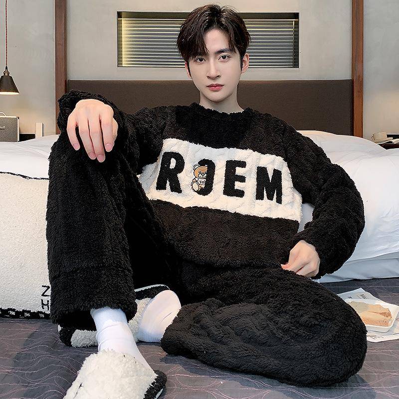 Herren Herbst- & Winter-Korallfleece-Pyjama, Dickes Plüsch-Warmes Flanell-Loungewear, Anzug in großer Größe von Joom DACH