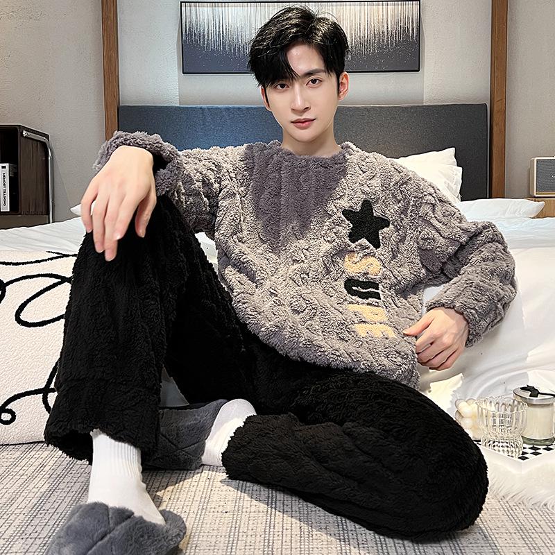 Herren Herbst- & Winter-Korallfleece-Pyjama, Dickes Plüsch-Warmes Flanell-Loungewear, Anzug in großer Größe XL (120-140 lbs) von Joom DACH